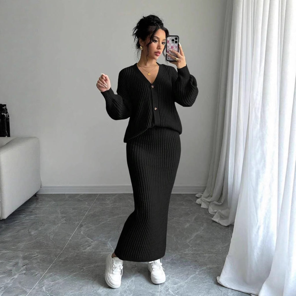 Womens V Neck Slim Knitted Striped Casual Suit