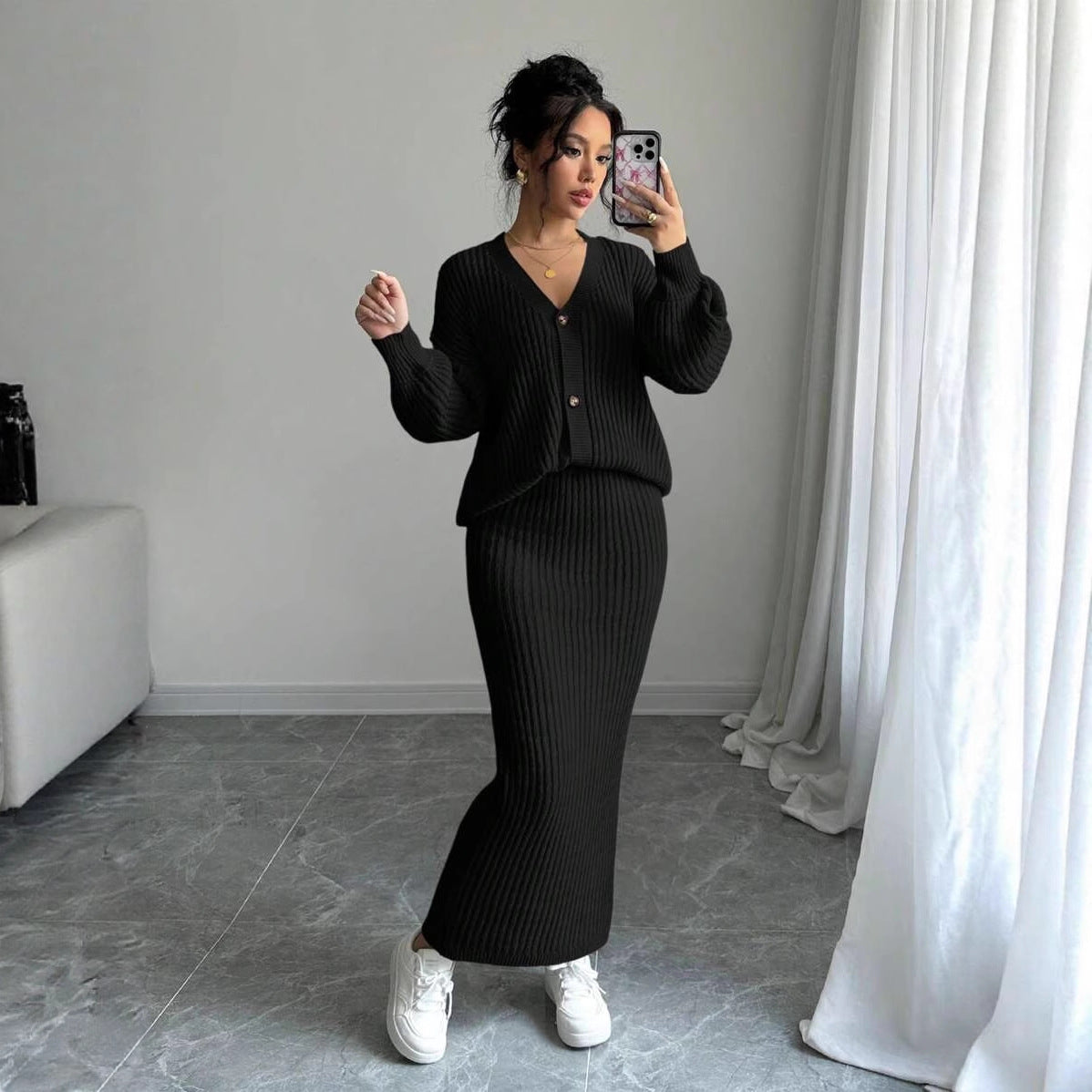Womens V Neck Slim Knitted Striped Casual Suit