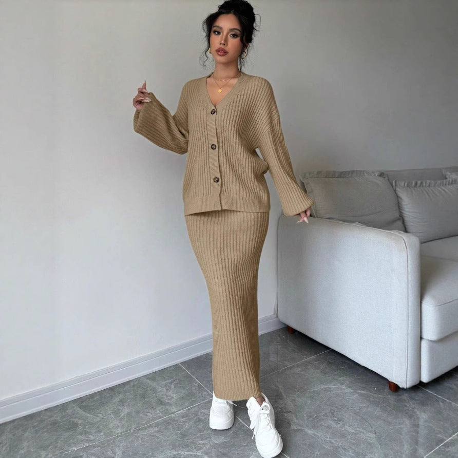 Womens V Neck Slim Knitted Striped Casual Suit