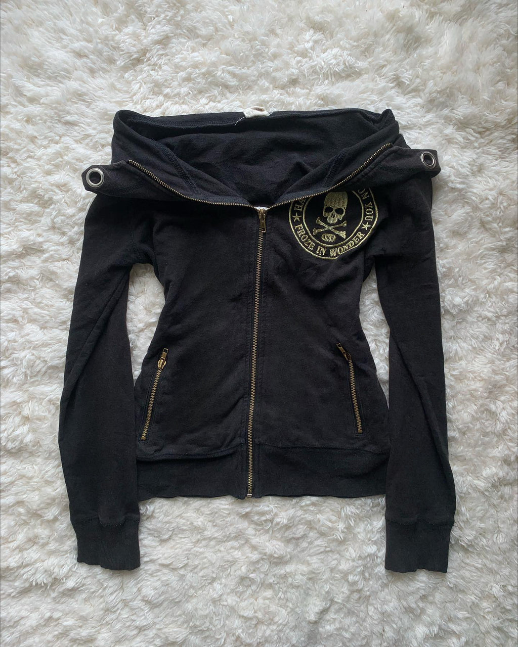 Retro Zip-Up Hoodie with Skull Embroidery