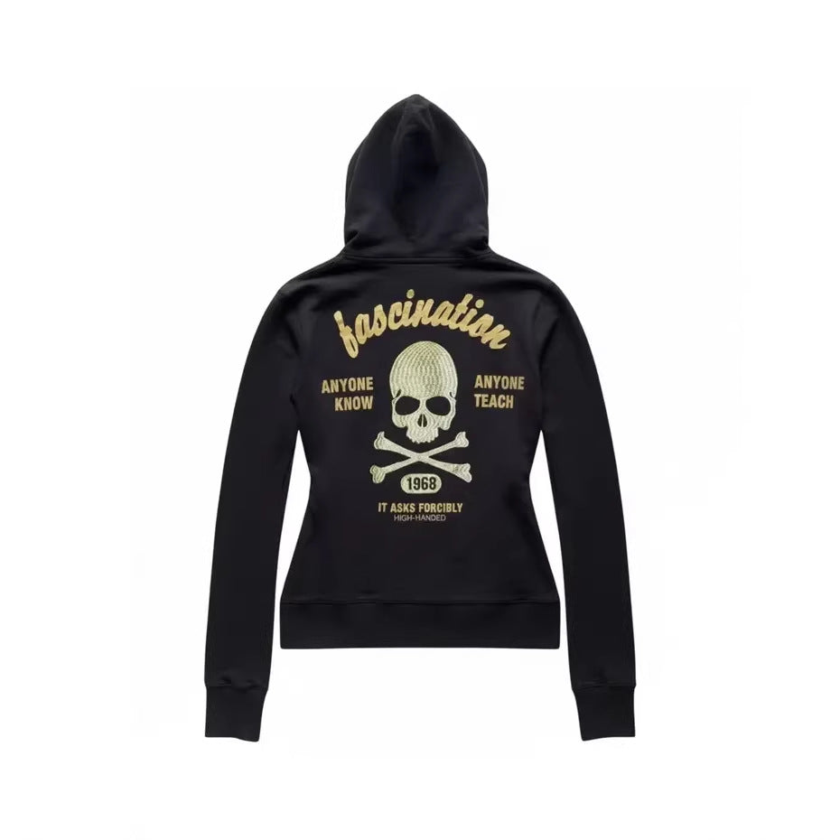 Retro Zip-Up Hoodie with Skull Embroidery