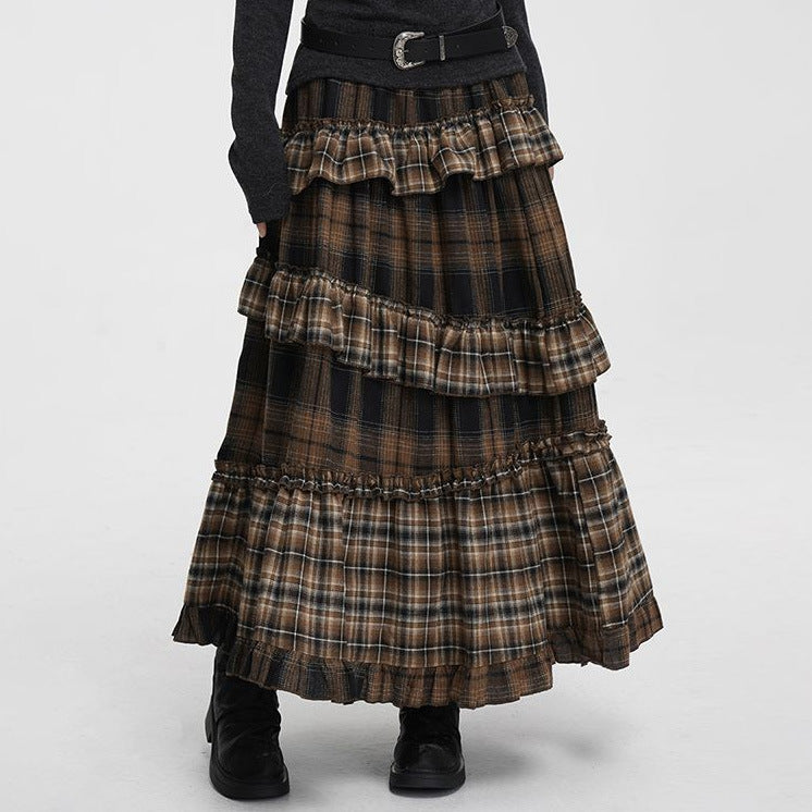 Retro Plaid High-Waisted Long Skirt with Irregular Hem