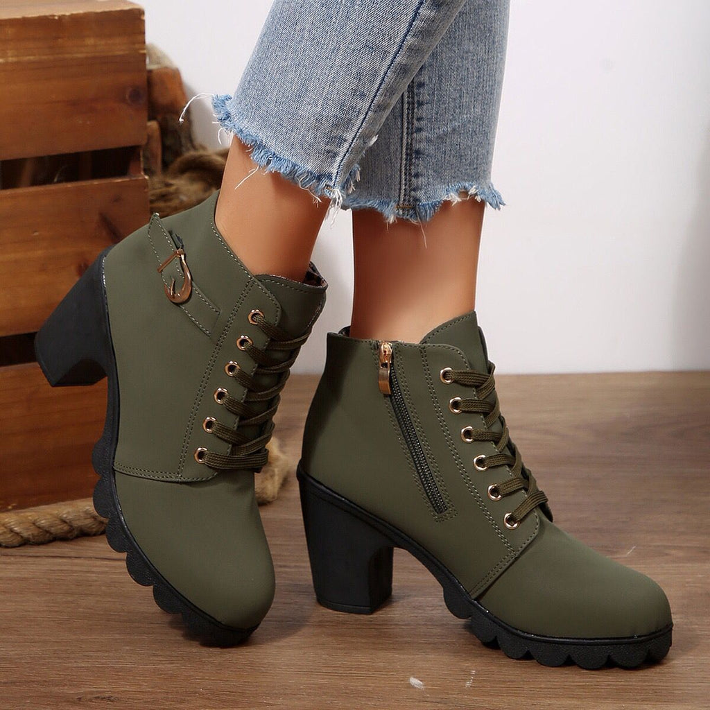 Women Chunky Heel Lace Up Ankle Boots