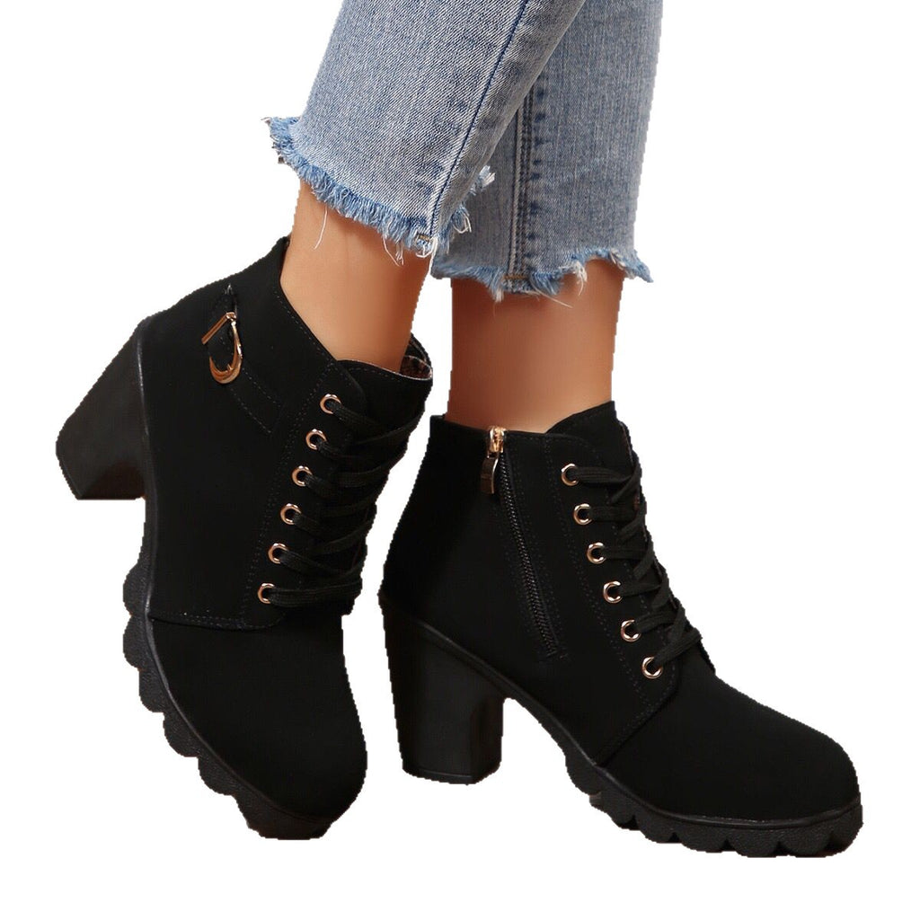 Women Chunky Heel Lace Up Ankle Boots