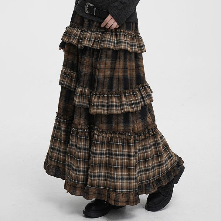 Retro Plaid High-Waisted Long Skirt with Irregular Hem