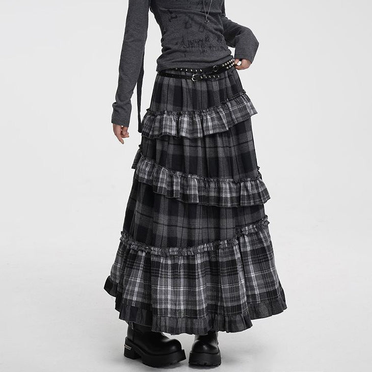 Retro Plaid High-Waisted Long Skirt with Irregular Hem