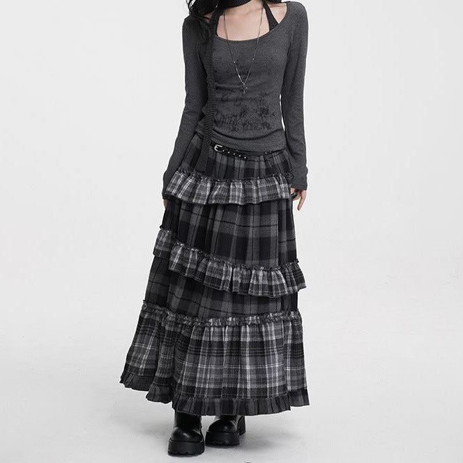 Retro Plaid High-Waisted Long Skirt with Irregular Hem