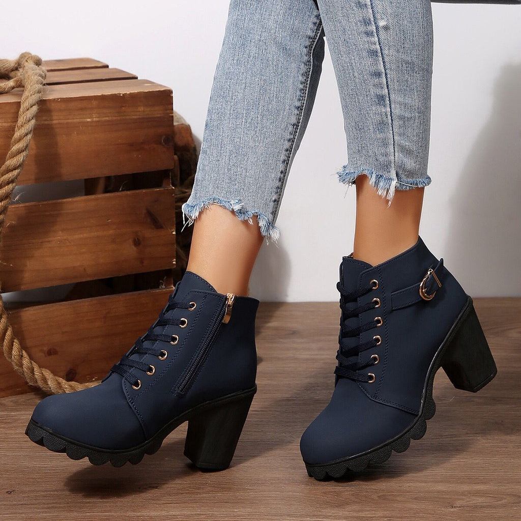 Women Chunky Heel Lace Up Ankle Boots