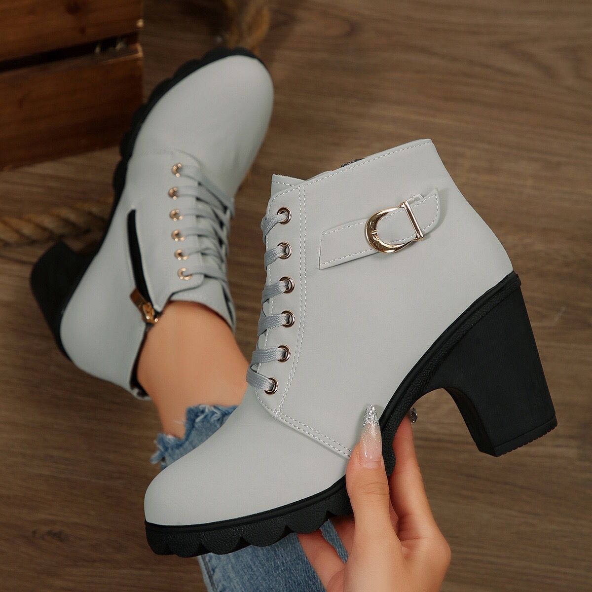 Women Chunky Heel Lace Up Ankle Boots