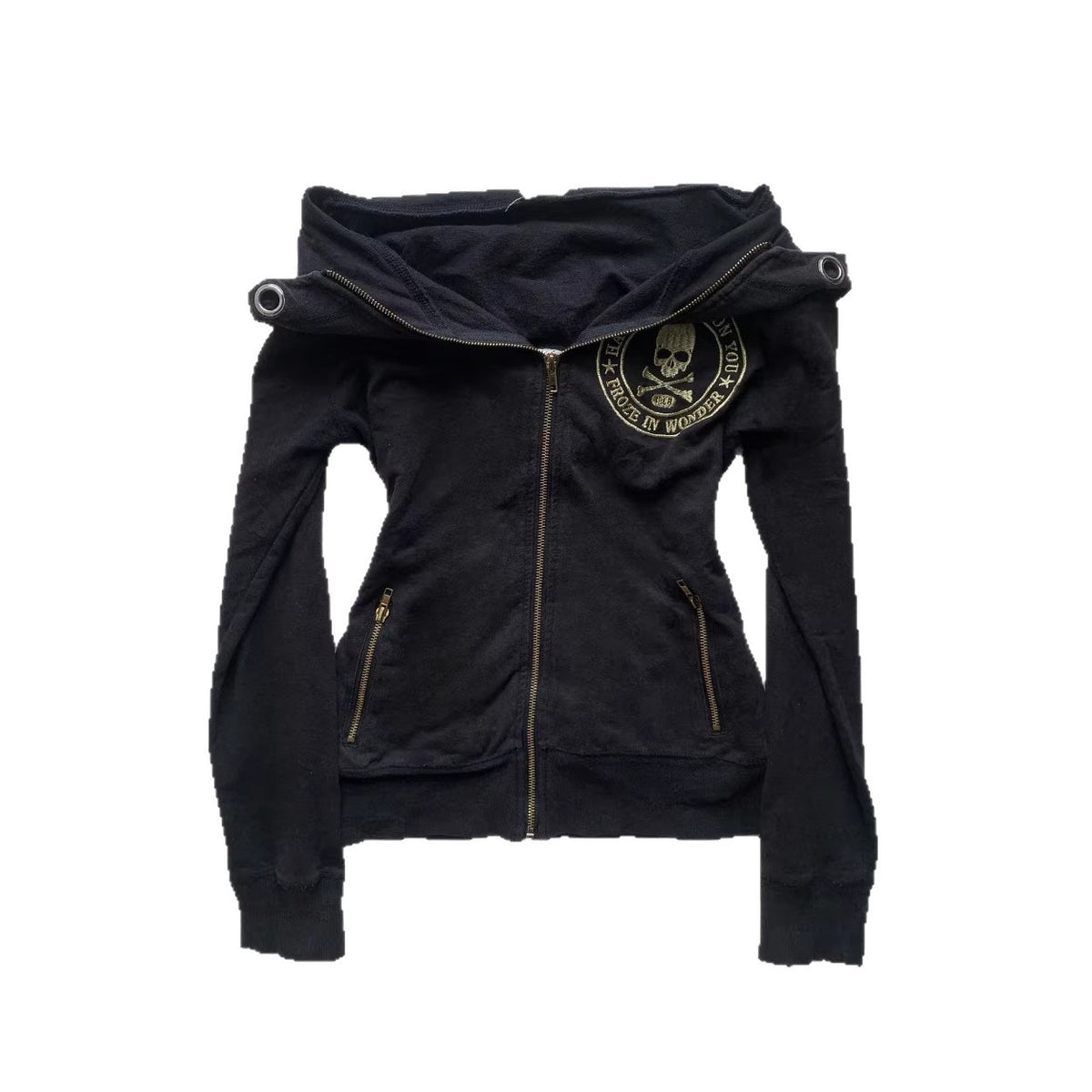 Retro Zip-Up Hoodie with Skull Embroidery