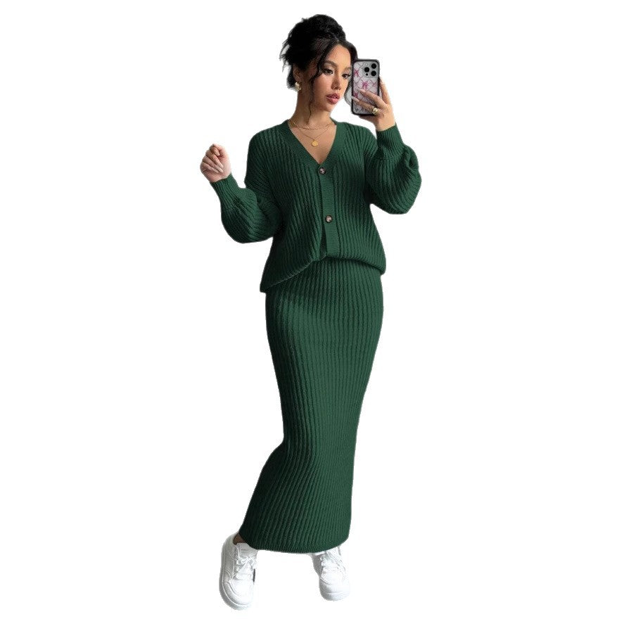Womens V Neck Slim Knitted Striped Casual Suit