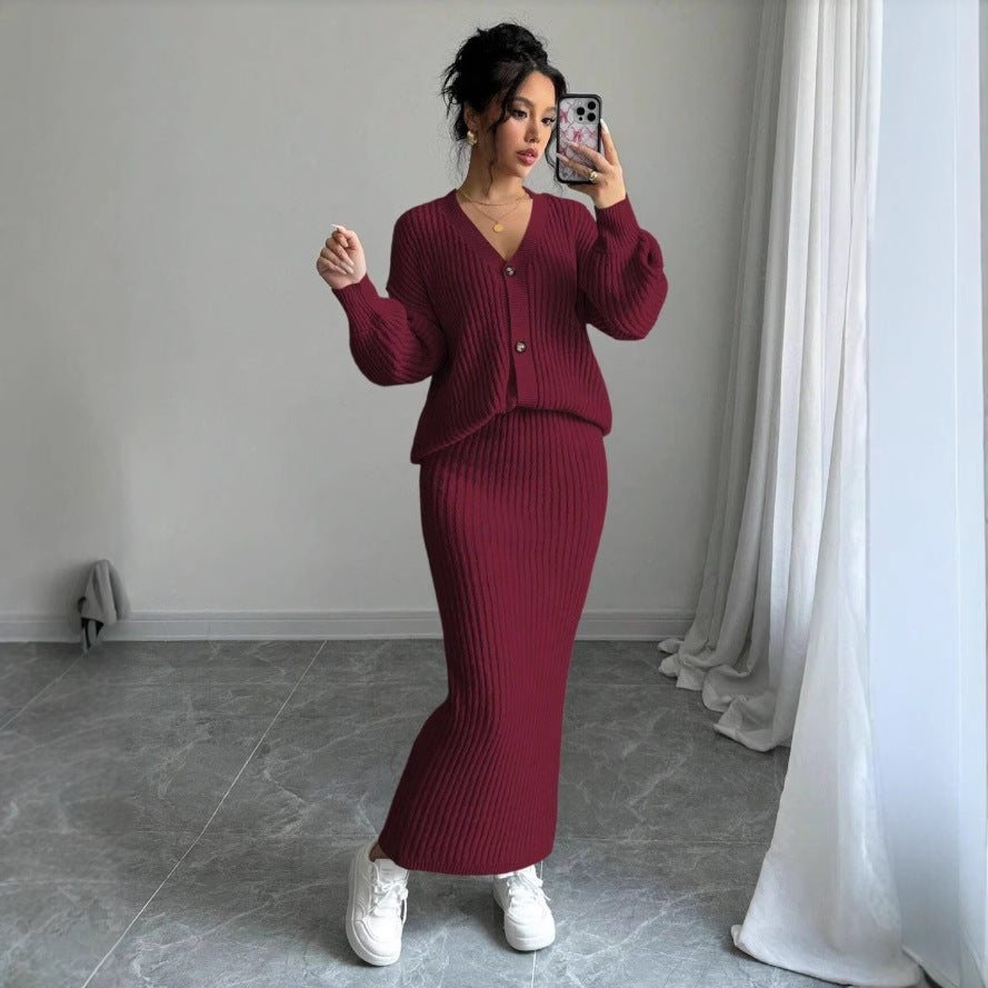 Womens V Neck Slim Knitted Striped Casual Suit