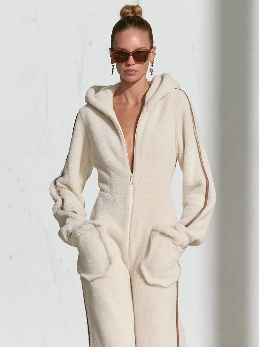 Hooded Zip-Up Faux Shearling Jumpsuit