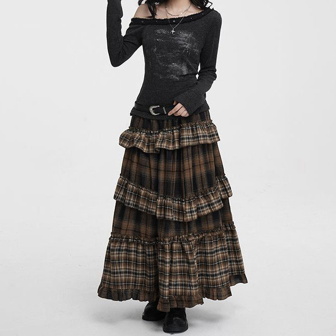Retro Plaid High-Waisted Long Skirt with Irregular Hem