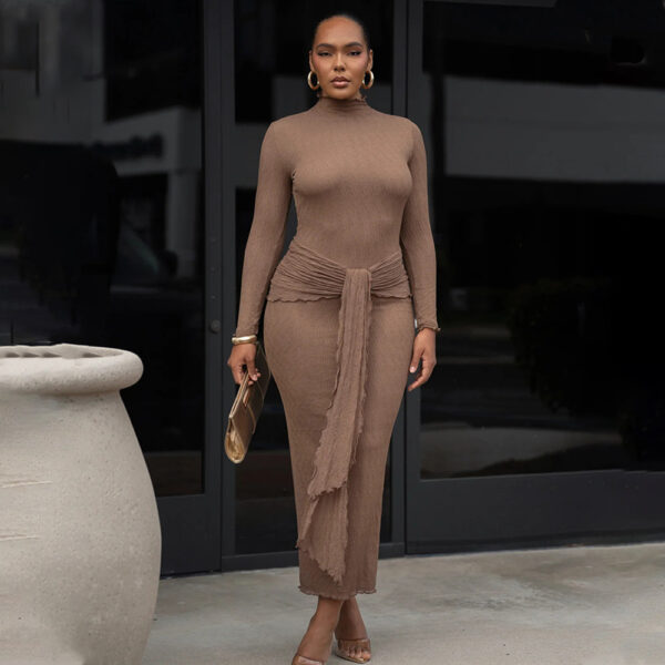 Long-Sleeve Solid-Color Fashionable and Sexy Pleated Fitted Long Dress