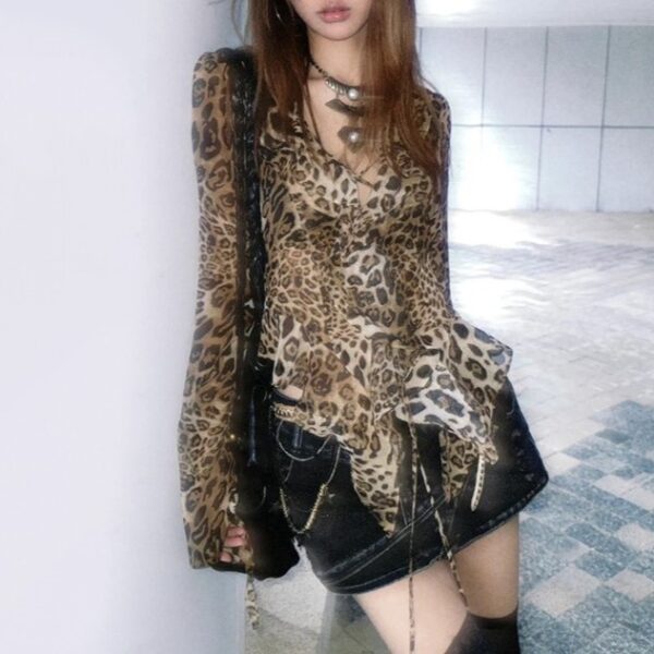 Women's Leopard Print V-Neck Chiffon Shirt